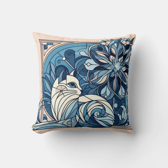 Coussin Chat bleu géométrique Art déco. (Recto)