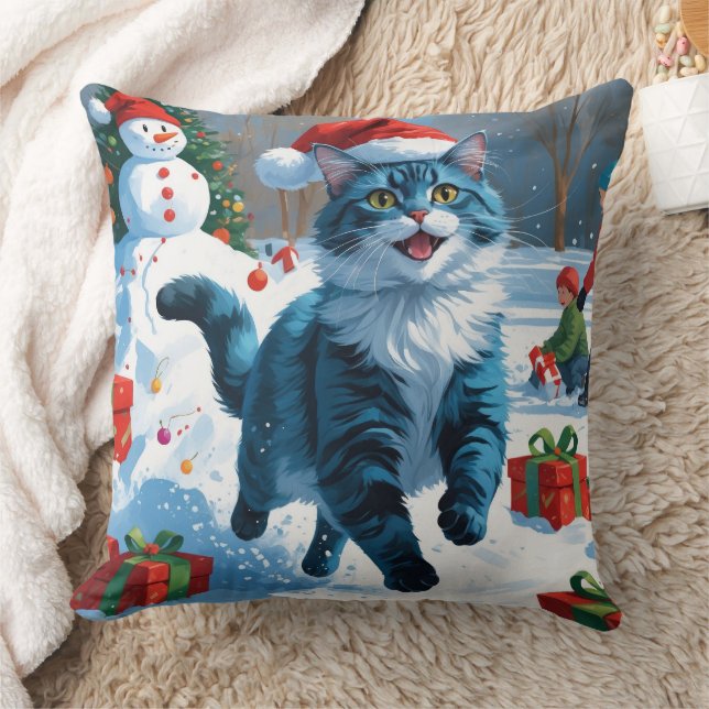 Coussin Chat bleu oriental assis dans la neige avec un cha (Couverture)