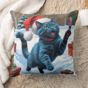Coussin Chat bleu russe à la neige avec Casquette de Noël