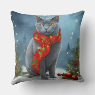 Coussin Chat bleu russe à Noël de neige