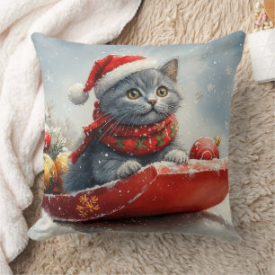 Coussin Chat Bleu Russe en Luge Laissez Tomber la Neige No