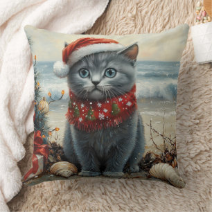 Coussin Chat Bleu Russe Noël Vintage Plage