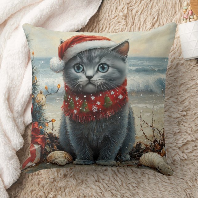 Coussin Chat Bleu Russe Noël Vintage Plage (Couverture)
