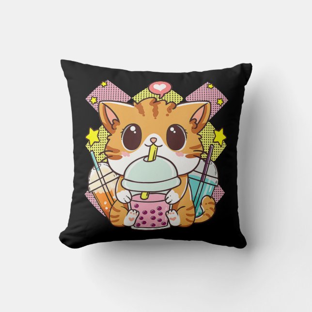Coussin Chat Boba Tea Bubble Tea Anime Kawaii Neko pour fi (Recto)