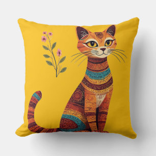 Coussin Chat bohème tribal mignon art folklorique avec des