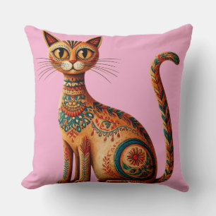 Coussin Chat bohème tribal mignon art folklorique avec des