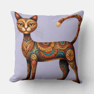 Coussin Chat bohème tribal mignon art folklorique avec des