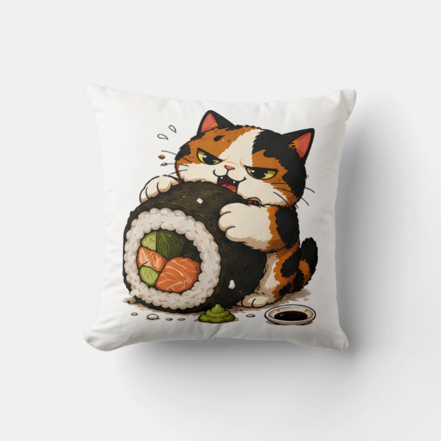 Coussin Chat calico grincheux amateur de sushi  (Recto)