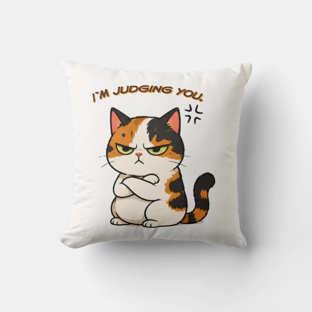Coussin Chat calico grincheux - Je vous juge (Recto)