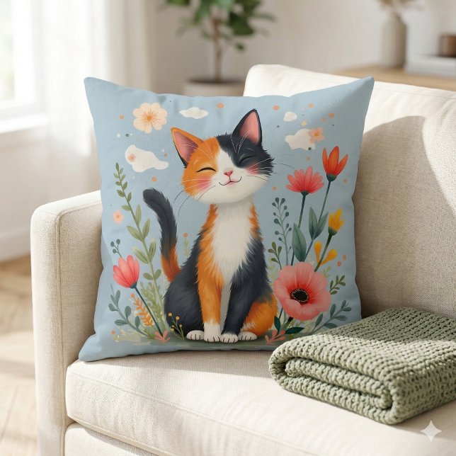 Coussin Chat Calico souriant dans le jardin fleuri (Smiling Calico Cat in Blooming Garden Throw Pillow Mockup A)