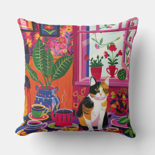 Coussin Chat calicot maximaliste et salon de thé