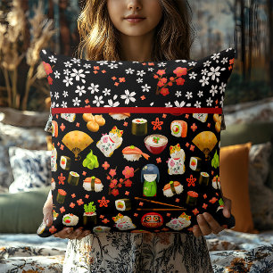 Coussin Chat chanceux japonais, baguettes et sushis