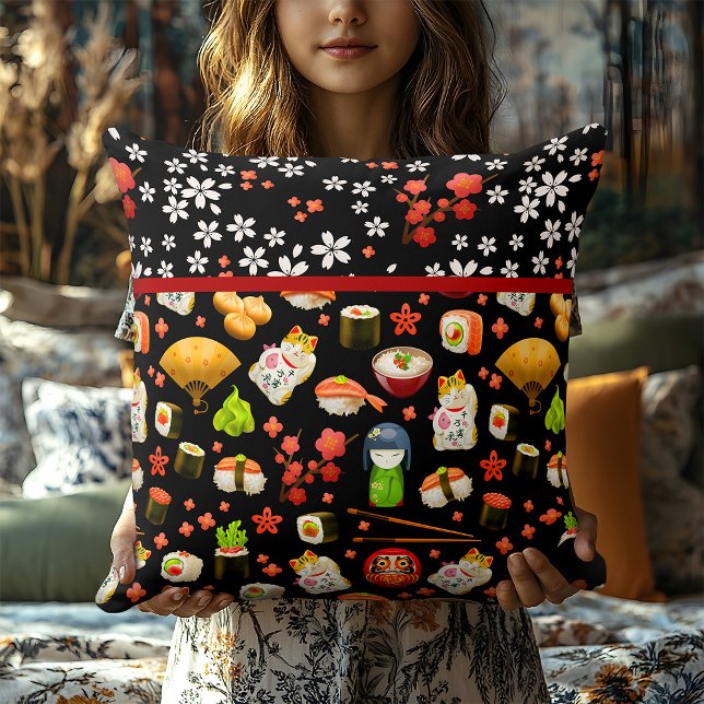Coussin Chat chanceux japonais, baguettes et sushis (Créateur téléchargé)