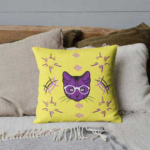 Coussin Chat Chien Violet Blanc Noir Jaune Motif Personnal
