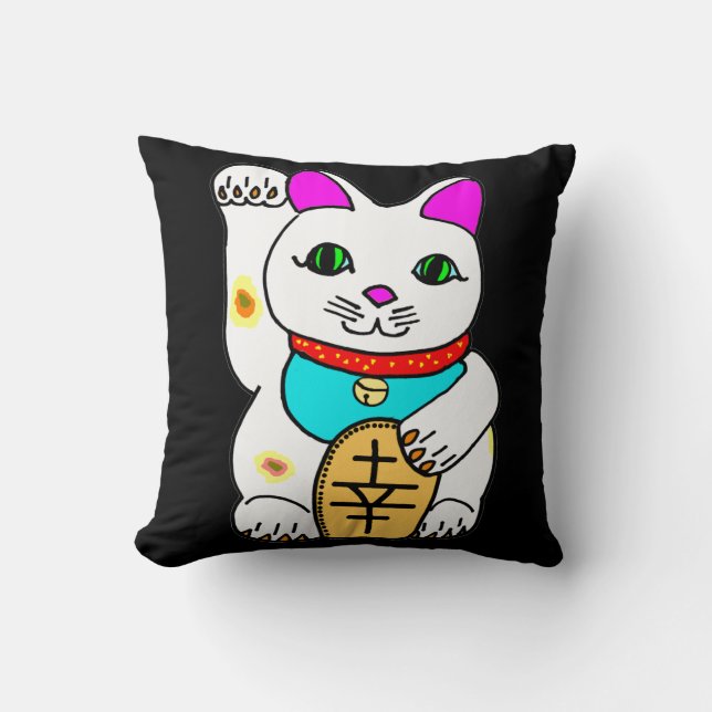 Coussin Chat Chinois de la Chance Maneki Neko Invitant (Recto)