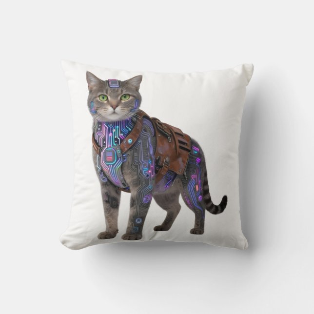 Coussin Chat Circuit Cyberpunk – Bête Technologique Néon (Recto)