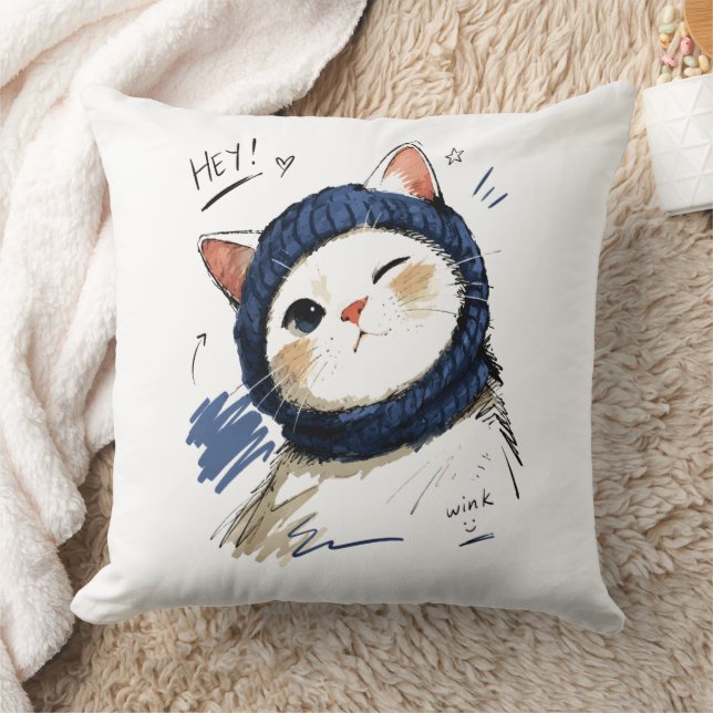 Coussin Chat clignant avec une écharpe tricotée confortabl (Couverture)