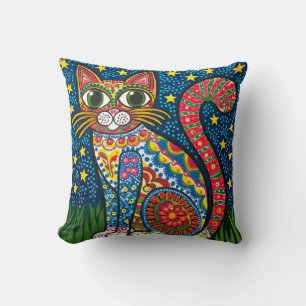 Coussin Chat coloré dans la nuit étoilée - Folk mexicain A