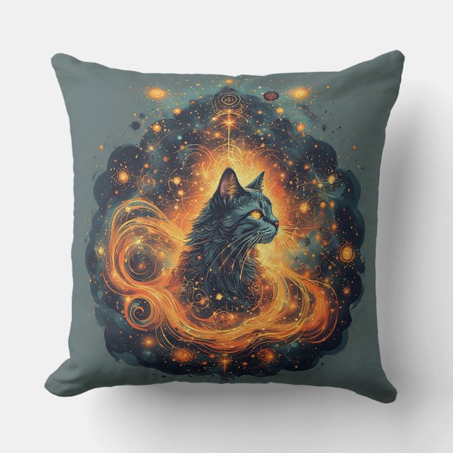 Coussin Chat Cosmique Vibrant aux Yeux Brûlants (Recto)