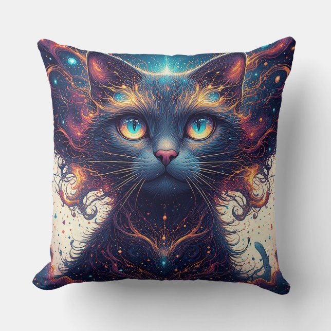Coussin Chat Cosmique Vibrant aux Yeux Brûlants (Recto)