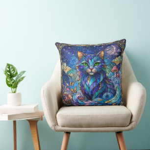 Coussin Chat Cosmique Vitrail Surréaliste Yeux Bleus Verts