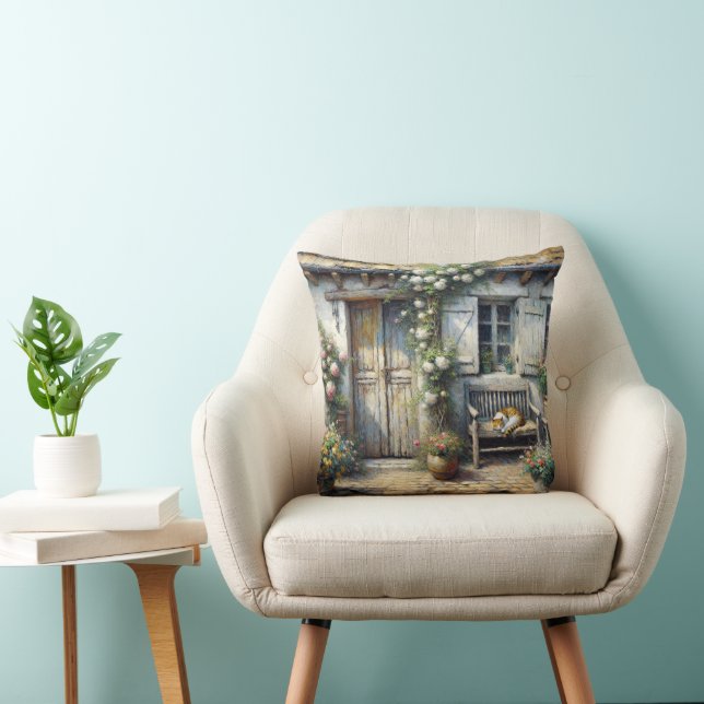 Coussin Chat-Cottage Sur Banc En Bois (Chaise)