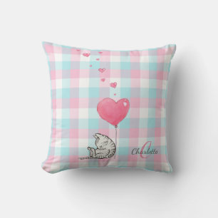 Coussin Chat couché mignon rose Monogramme bleu