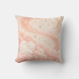 Coussin Chat crème nuage rose étoile filante