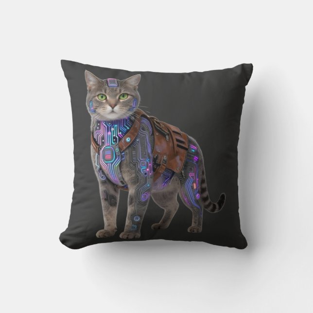 Coussin Chat de circuit cyberpunk – Bête de technologie né (Recto)