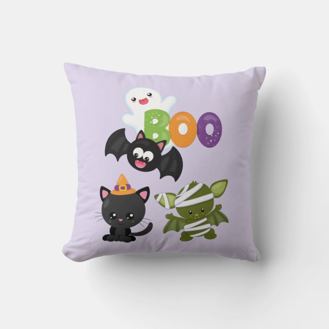 Coussin Chat de Cute Halloween, bat, mummy et ghost (Recto)