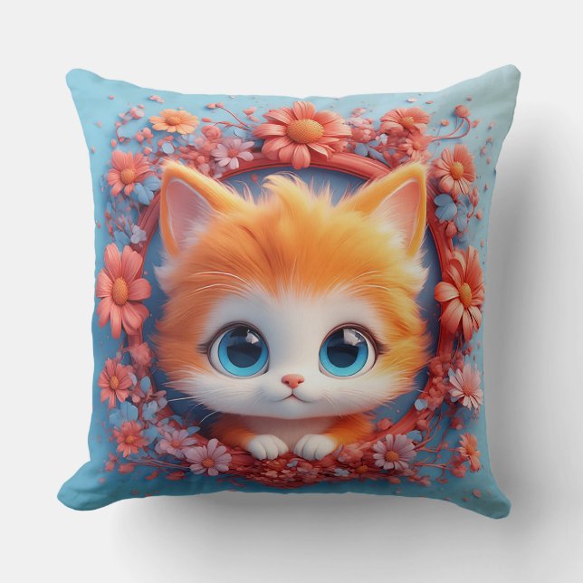 Coussin Chat de dessin animé adorable entouré de fleurs co (Recto)