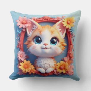 Coussin Chat de dessin animé adorable entouré de fleurs co