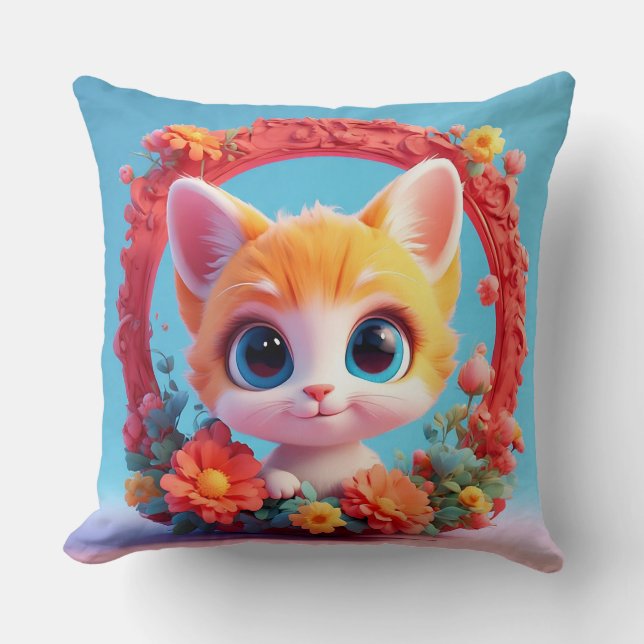 Coussin Chat de dessin animé adorable entouré de fleurs co (Recto)