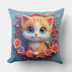 Coussin Chat de dessin animé adorable entouré de fleurs co