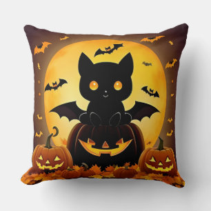 Coussin Chat de dessin animé chauve-souris et citrouilles 