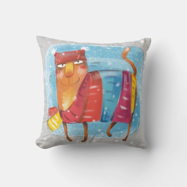 Coussin Chat de dessin animé d'hiver, tout emballé, dans u (Recto)