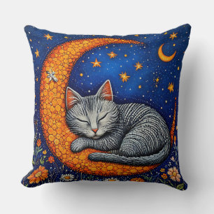 Coussin Chat de dessin animé et lune