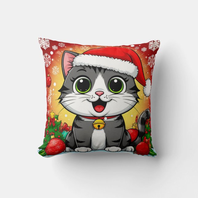Coussin Chat de dessin en chapeau de Noël avec décoration  (Recto)