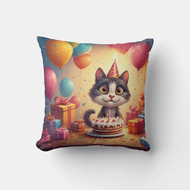 Coussin Chat de fête adorable avec gâteau et ballons (Recto)