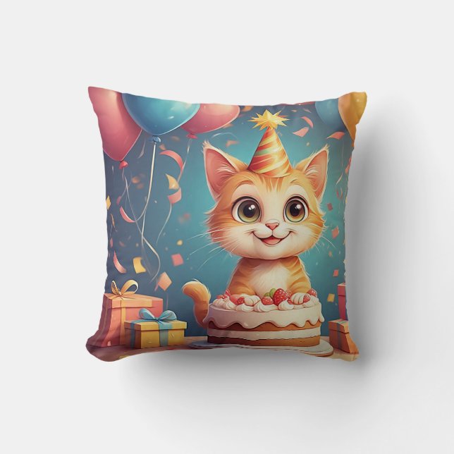 Coussin Chat de fête adorable avec gâteau et ballons (Recto)