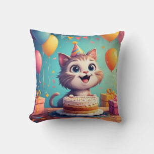 Coussin Chat de fête adorable avec gâteau et ballons