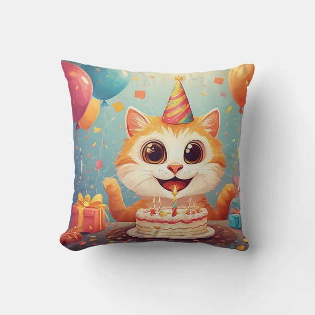 Coussin Chat de fête adorable avec gâteau et ballons (Recto)