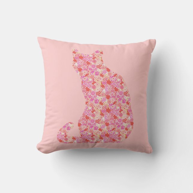 Coussin Chat de fleur - orange et rose de corail (Recto)