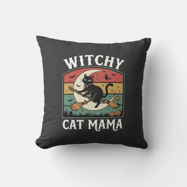Coussin Chat de Halloween Sorcière Maman (Recto)