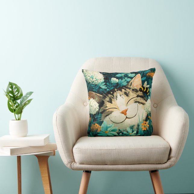 Coussin Chat de jardin fleuri à l'aquarelle avec abeille e (Chaise)