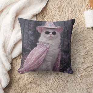 Coussin Chat de magicien magique en cape et chapeau rose s