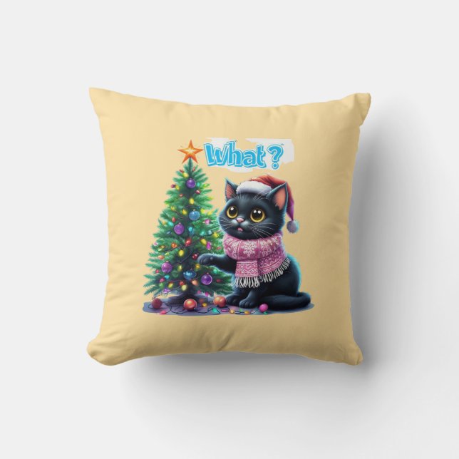 Coussin Chat de Noël amusant Avec Sticker Arbre (Recto)