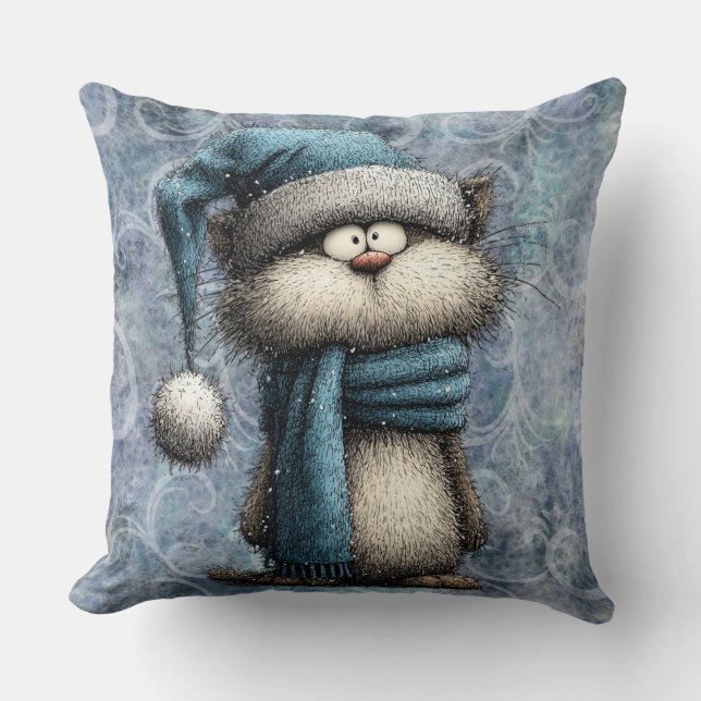 Coussin Chat de Noël bleu d'hiver avec chapeau et écharpe (Recto)