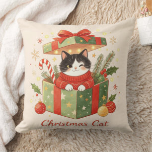 Coussin Chat de Noël dans une boîte-cadeau de vacances