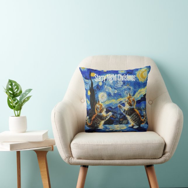 Coussin Chat de Noël Starry Night Kittymas, parodie de Noë (Chaise)